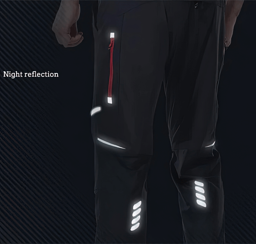 Back view of lightweight men's sweatpants with reflective stripes showcasing night visibility feature.